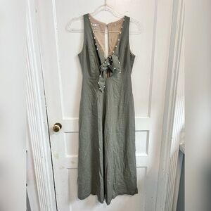 Tres Linen Grey Feminine Classy Jumpsuit Keyhole W/Pearl Accent Size XS